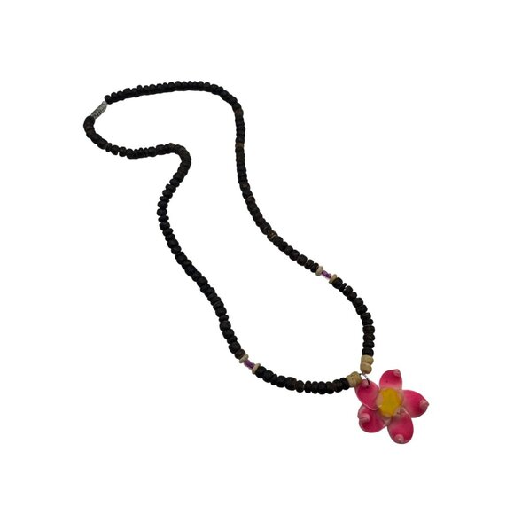 Floral Beaded Necklace Pink Yellow Charm Barrel Clasp 18 Inches Handmade Wood - Picture 5 of 5